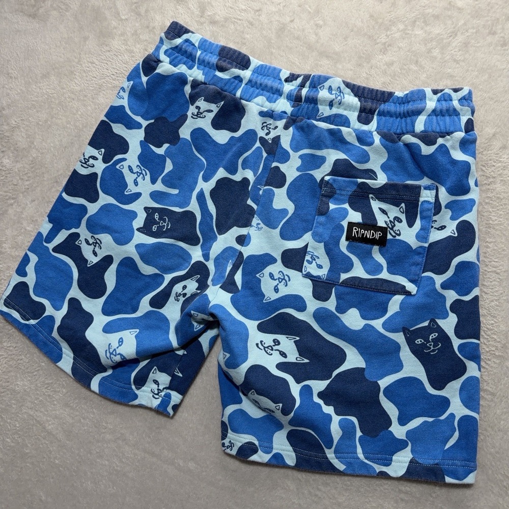 RIPNDIP Lord Nermal Blue Camo Sweat Shorts Mens L Cat Camouflage Fleece Board - Picture 9 of 12